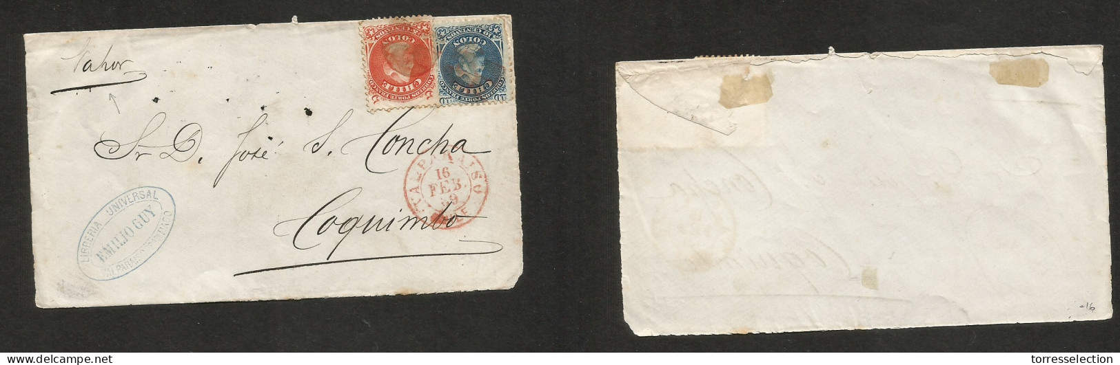 CHILE. 1869 (16 Feb) Valp - Coquimbo. Por Vapor Cover Front Fkd 5c + 10c Second Design, Tied Cork + Red Cds. Opportuniy. - Cile