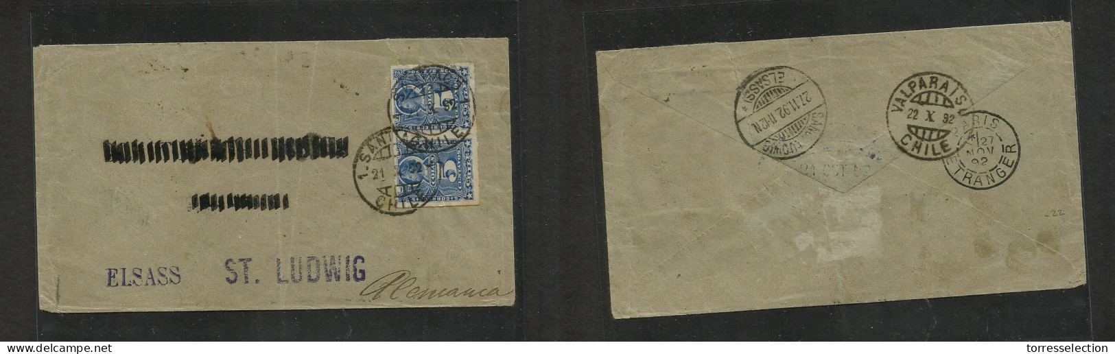 CHILE. 1892 (21 Oct) Stgo - Germany, St. Ludwig, Alsace (27 Nov) Fkd Env 5c Blue Long Pair, Tied Cds. Via Paris + Revers - Cile