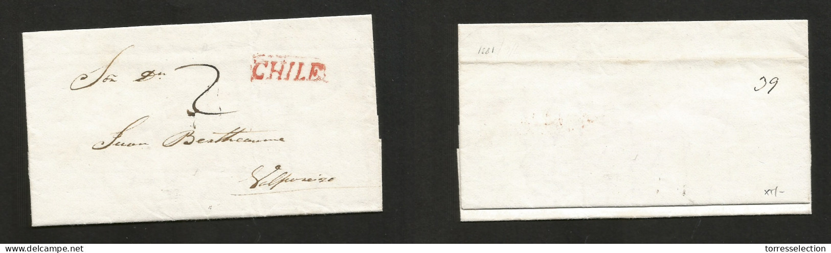 CHILE. 1831 (7 June) Stgo - Valp. EL With Text, Stline Red CHILE + "2" Mns Charge. VF. - Cile