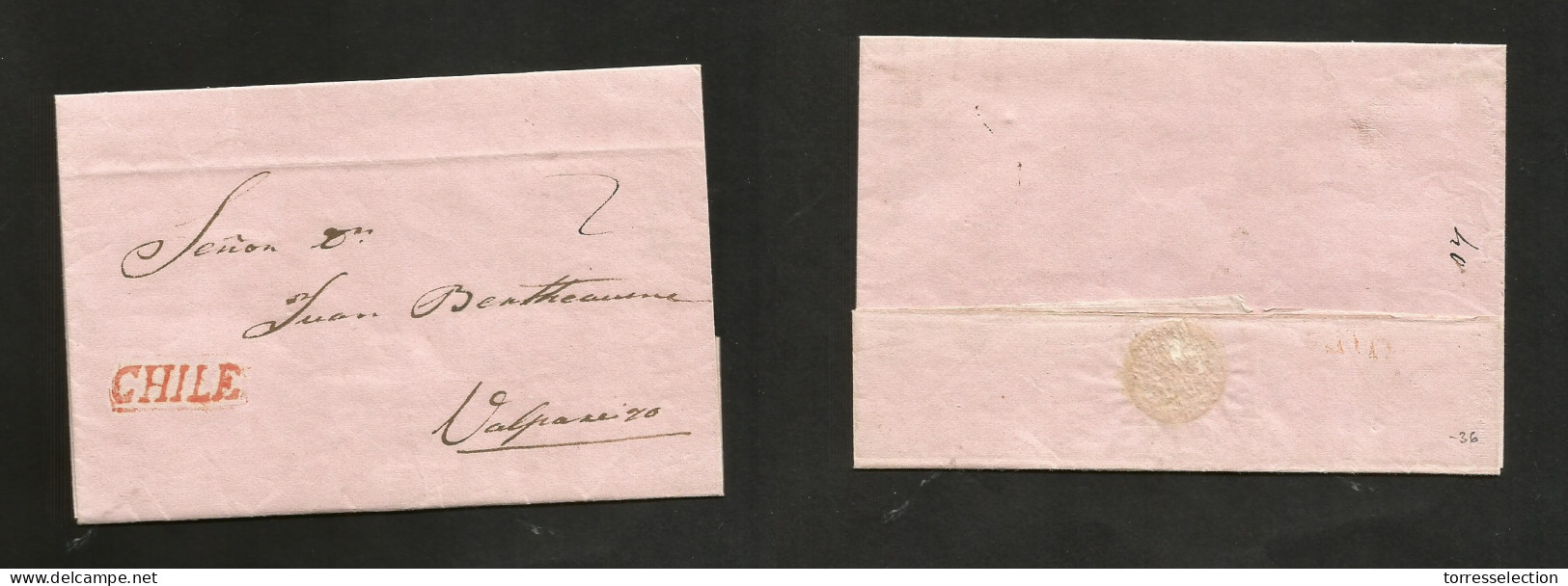 CHILE. 1831 (29 Aug) Stgo - Valp. EL Pmk Paper With Full Text, Stline "CHILE" (xxx) + Mns "2" Charge. VF. - Chili