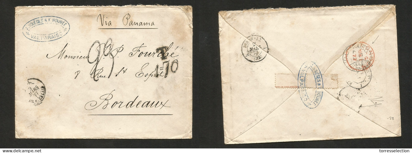 CHILE. 1877 (17 Jan) Valp - France, Bordeaux (3 March) Stampless Env Via BPO "Valparaiso / UNPAID" + Diff Charges + Via  - Chile