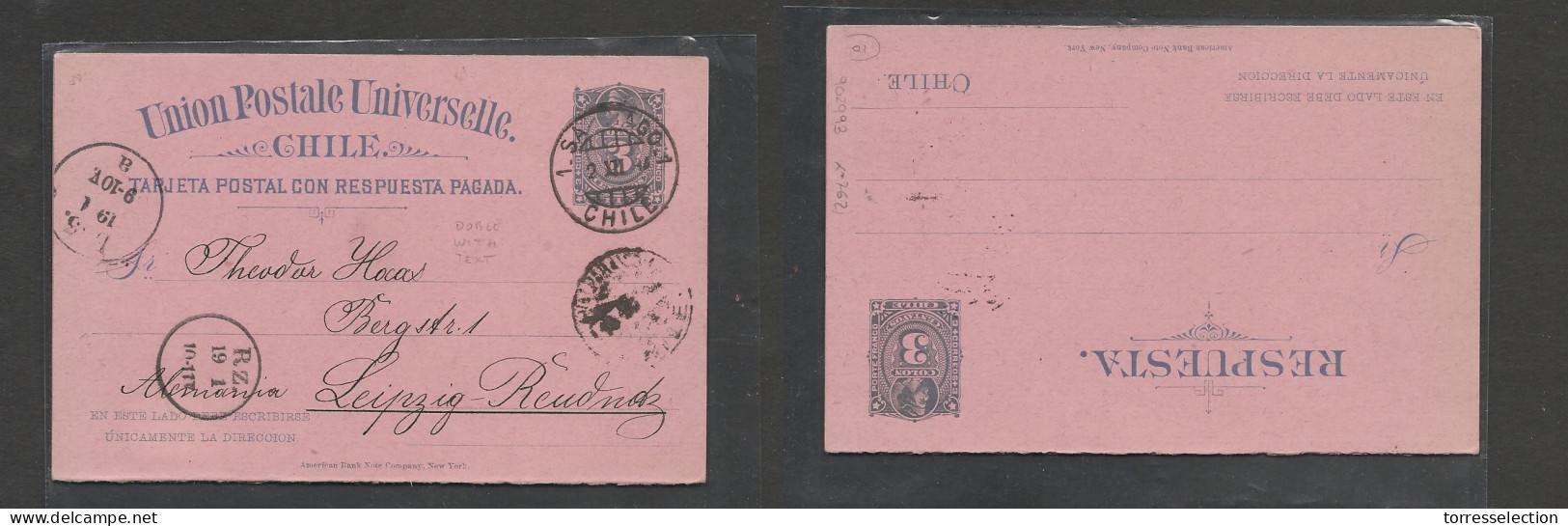 CHILE. Chile Cover - 1894 Santiago To Leipzig Germany Doble Stat Card 3c Way Out Usage, Vf - Chile