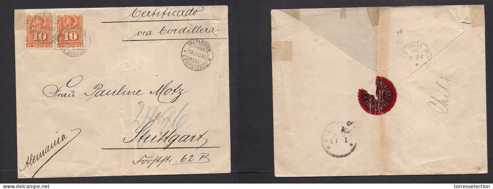 CHILE. 1896 (18 Dec) Valp - Germany, Stuttgart. Registered 20c Rate Multifkd 10c Orange Perce Paid, Tied Cds. Via Cordil - Chile