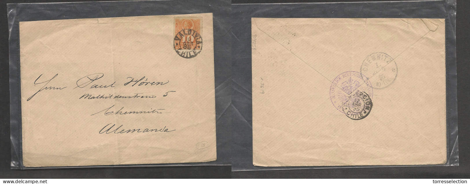 CHILE. Chile Cover - 1886 Valdivia To Germany Chemnitz Single 10c Orange Fkd Env German Consular Cachet Reverse - Chili