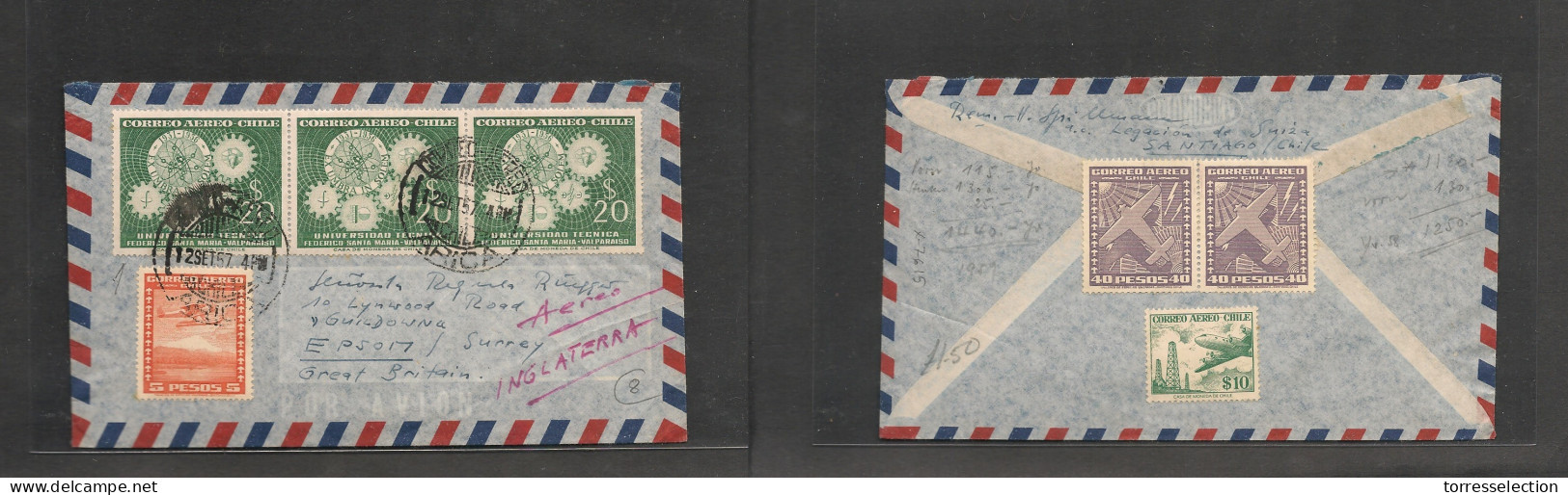 CHILE. Chile Cover - 1957 Arica To Epsom Uk Air Mult Fkd Env 155$ Pesos Rate, Interesting - Chile