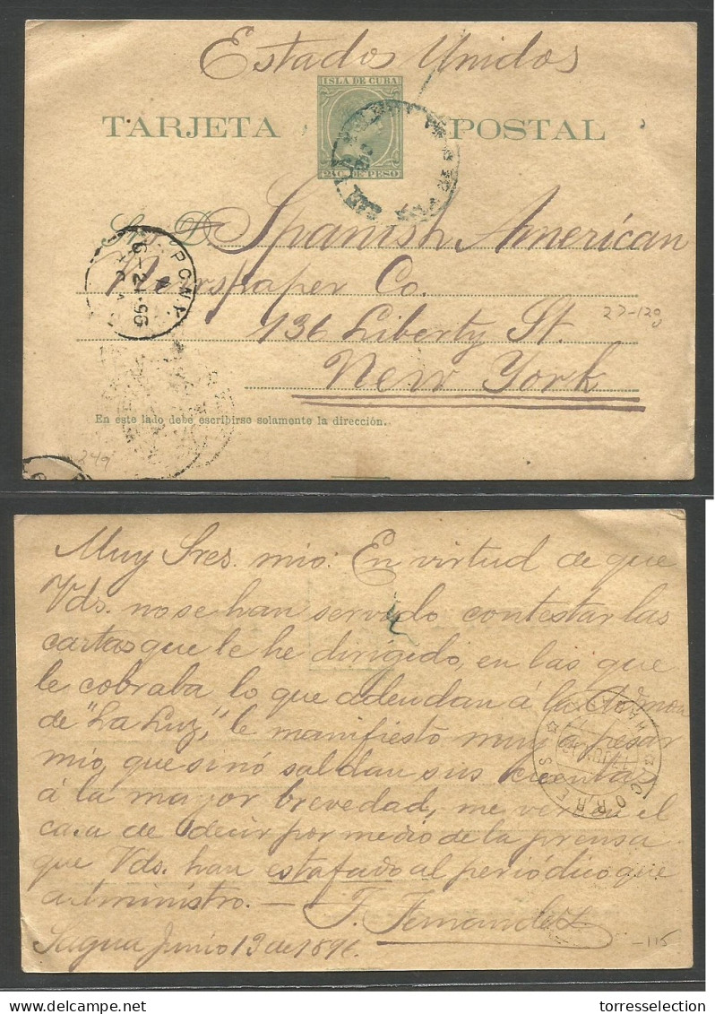 CUBA - Stationery. 1896 (13 June) Sagua - USA, NYC (21 June) 2c Green/yellow Stationery Card, Blue Cds. - Autres & Non Classés