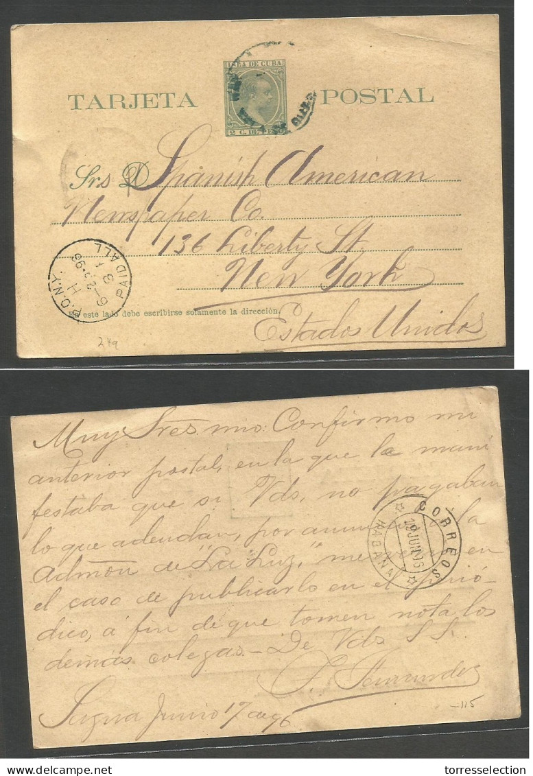 CUBA - Stationery. 1896 (June 17) Sagua - USA, NYC (29 June) 2c Green/yellow Stationery Card, Blue Cd. XF. - Autres & Non Classés
