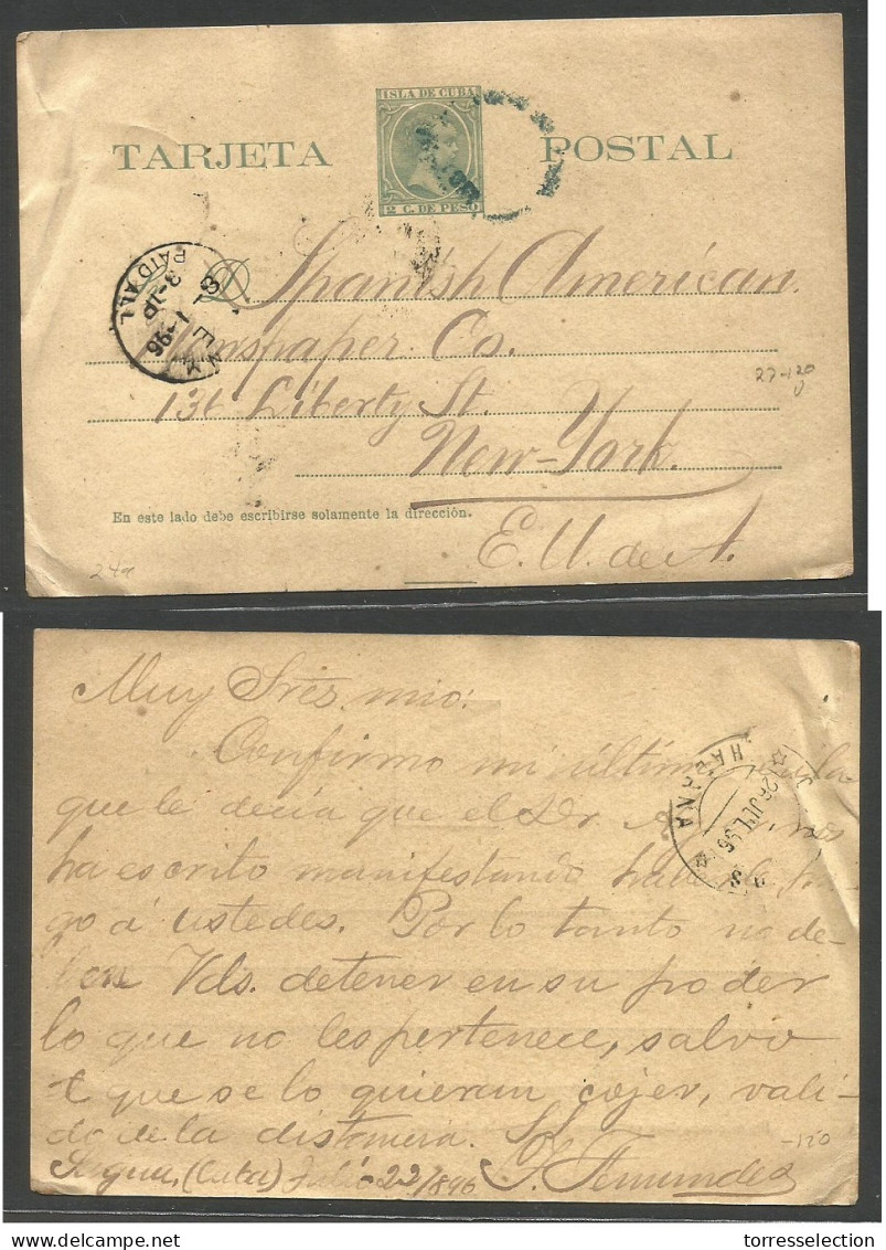 CUBA - Stationery. 1896 (23 July) Sagua - USA, NYC (1 Aug) 2c Green Stationary Card, Blue Cds. VF. - Autres & Non Classés