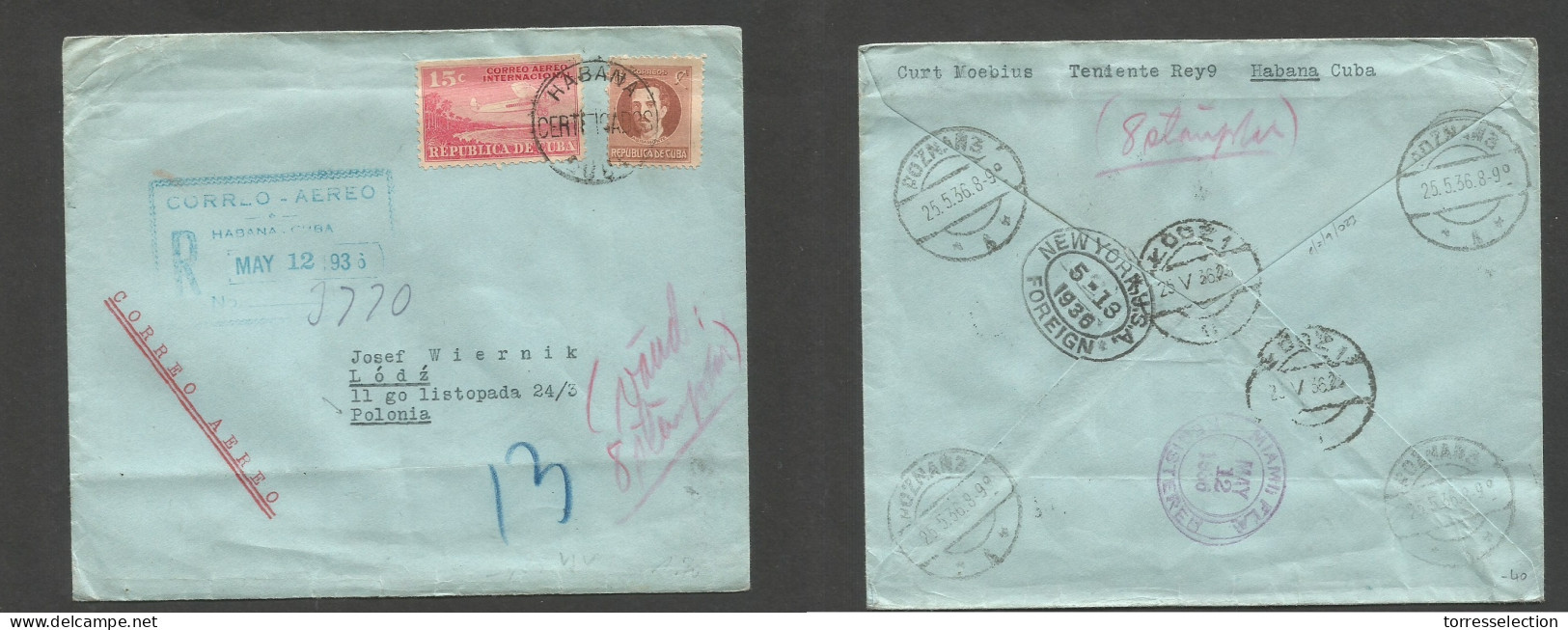 CUBA. 1936 (12 Mayo) Habana - Polonia, Lodz (25 May) Via Miami - NY - Poznan. Sobre Certificado Via Aerea Tarifa 23c. Bo - Autres & Non Classés