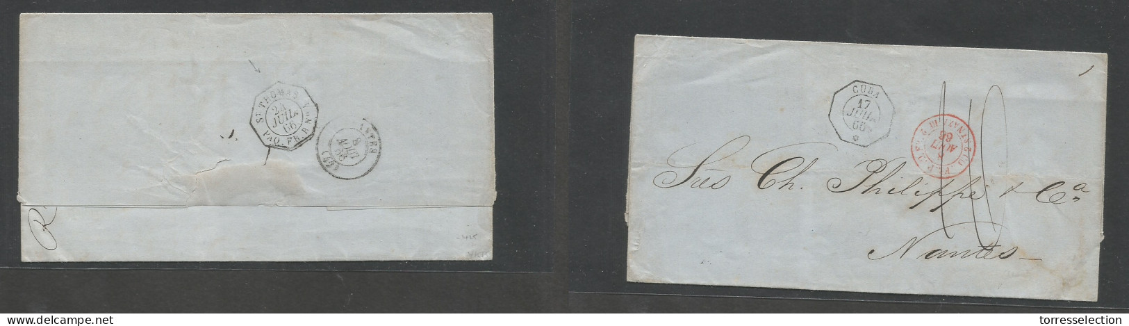 CUBA. 1866 (17 July) Santiago - France, Nantes (8 Aug) Stampless E. Depart French Postal Agent Octogonal Ds + Pqbt St. N - Sonstige & Ohne Zuordnung