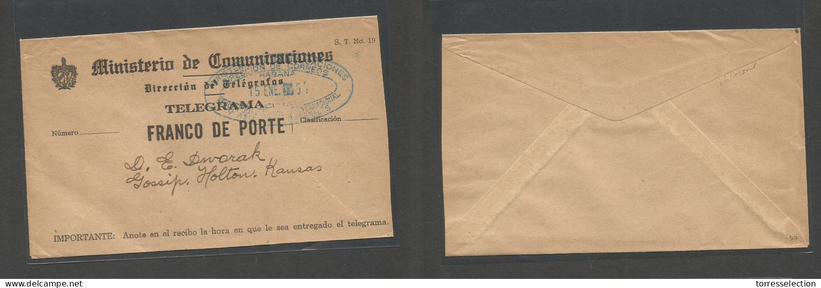 CUBA. 1954 (15 Ene) Sobre Telegrama, Franco De Porte. Habana - USA, Kansas, Gossip Con Marca Oval En Azul De Salida. - Sonstige & Ohne Zuordnung