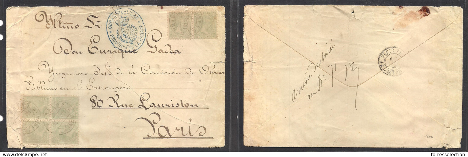 CUBA. 1891 (26 Sept) Habana - Francia, Paris (18 Oct) Sobre De Obras Publicas Con Franqueo Multiple Emision Pelon 5c Pes - Sonstige & Ohne Zuordnung