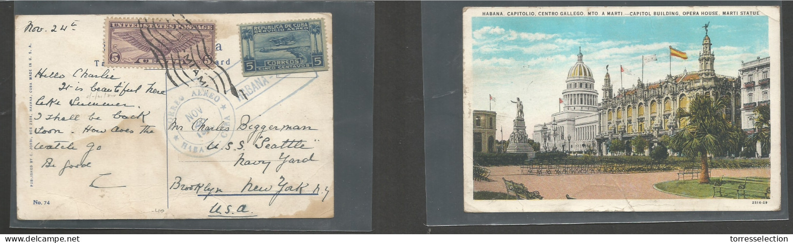 CUBA. C. 1930 (24 Nov) Habana - USA, NYC, Brooklyn. Air Fkd Ppc With Cuba + US Airmail Stamps. Fine Mixed Frkg, Rolling  - Sonstige & Ohne Zuordnung