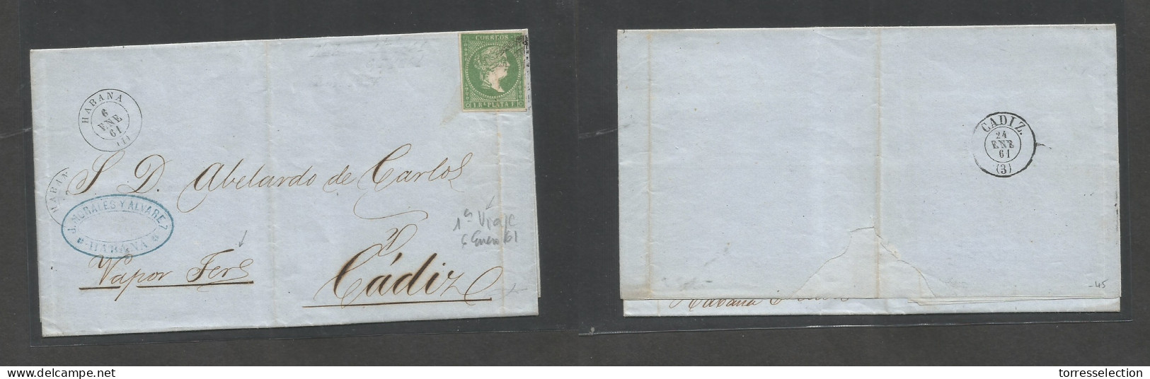 CUBA. 1861 (1 Enero) Habana - Cadiz, Peninsula (24 Ene) Sobre Con Texto Completo, Franqueo 1 Real Verde Sin Filigrana, M - Sonstige & Ohne Zuordnung