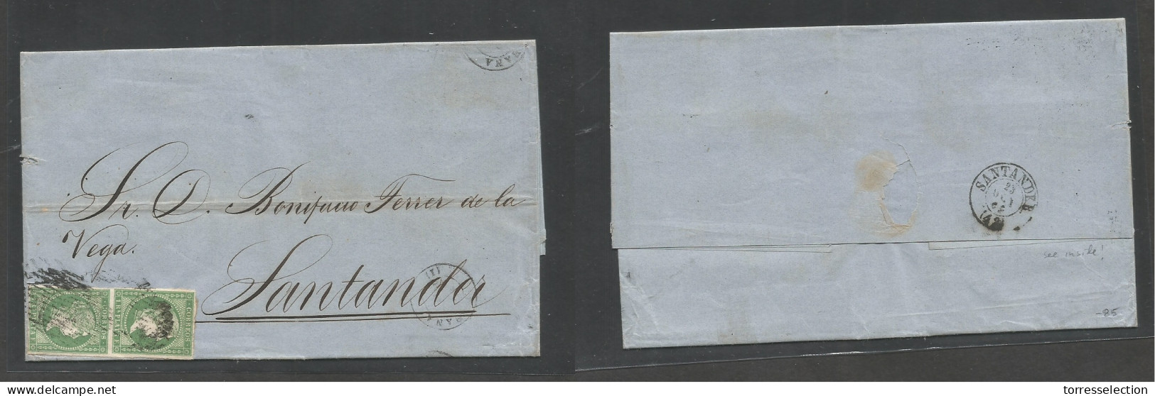 CUBA. 1862 (30 Sept) Habana - Santander, Peninsula (23 Oct) Carta Con Texto Completo, Franqueo Label Verde Pareja Vertic - Sonstige & Ohne Zuordnung