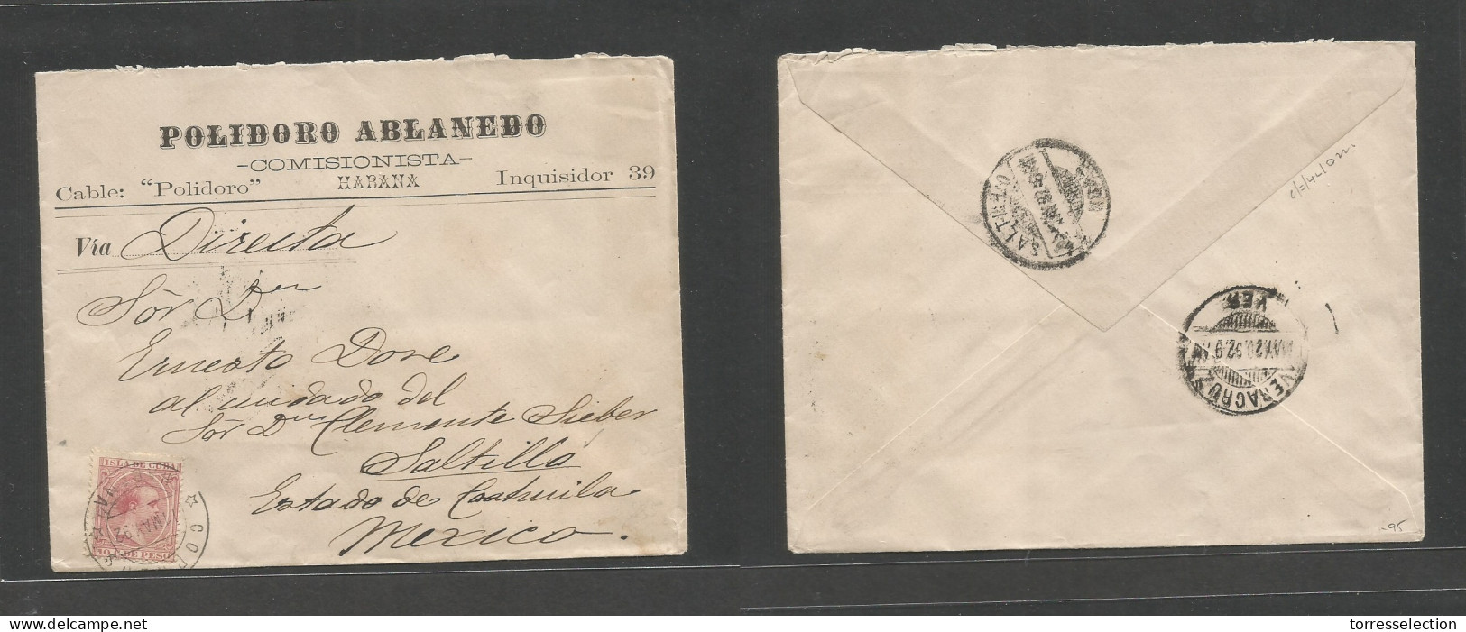 CUBA. 1892 (11 Mayo) Habana - Mexico, Saltillo (22 May) Coahuila. Sobre Comercial Con Franqueo 10c Rojo Mat Fechador. Vi - Sonstige & Ohne Zuordnung