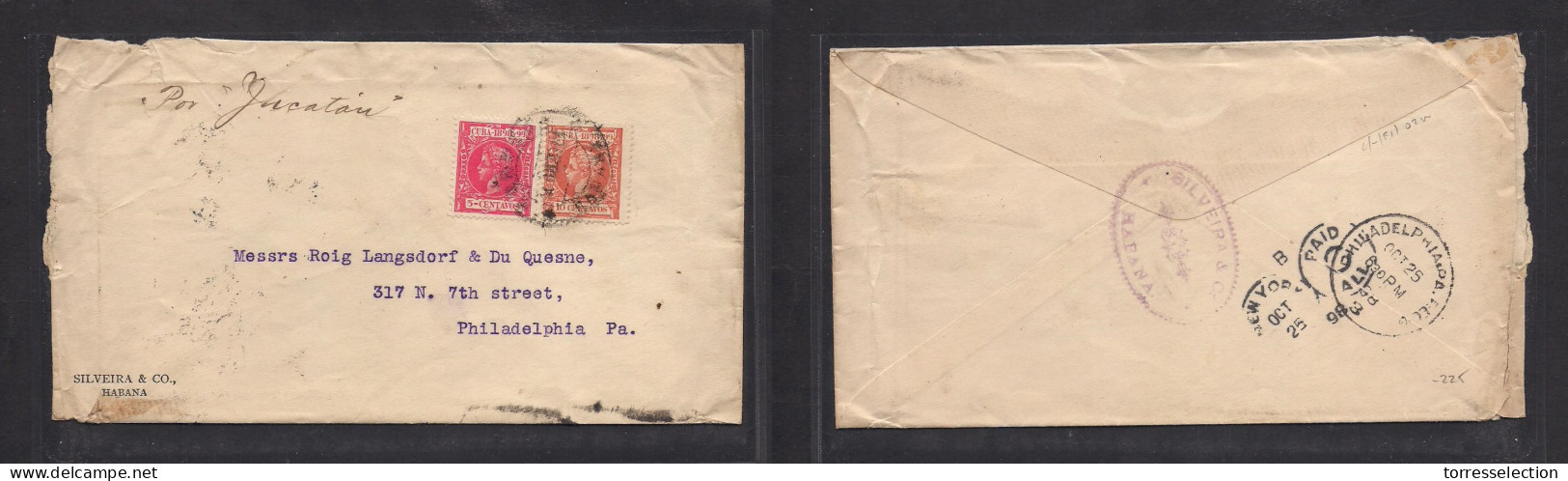 CUBA. 1898 (20 Oct) Habana - USA, Philadelphia. Periodo Interregnum. Sobre Circulado Por Vapor "Yucatan" Franqueo Sellos - Sonstige & Ohne Zuordnung