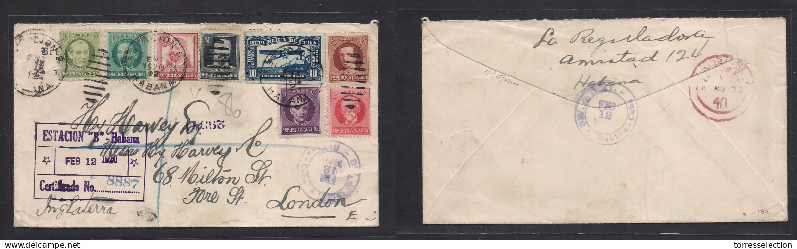 CUBA. 1920 (Febr 12) Habana Estacion B - London, UK (11 Marzo) Registered Multifkd Env Incl 50c + 1 Peso Stamps, Tied Cd - Sonstige & Ohne Zuordnung