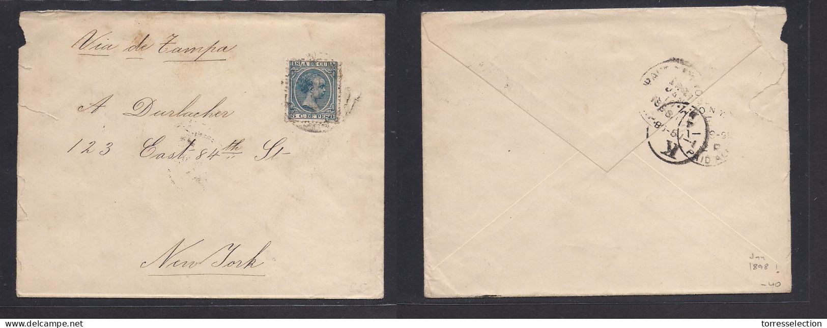 CUBA. 1898 (Enero) Habana - USA, NY (19 Ene) Via De Taupa. Sobre Franqueo 5c Pelon Fuera De Plazo De Esta Emision. - Sonstige & Ohne Zuordnung