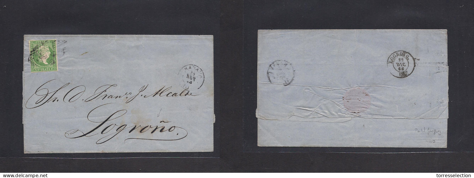 CUBA. 1862 (30 Nov) Habana - Peninsula, Logroño (22 Dic) Envuelta De Carta Franqueada 1rl Verde Amarillo Marques Ctos Fa - Sonstige & Ohne Zuordnung