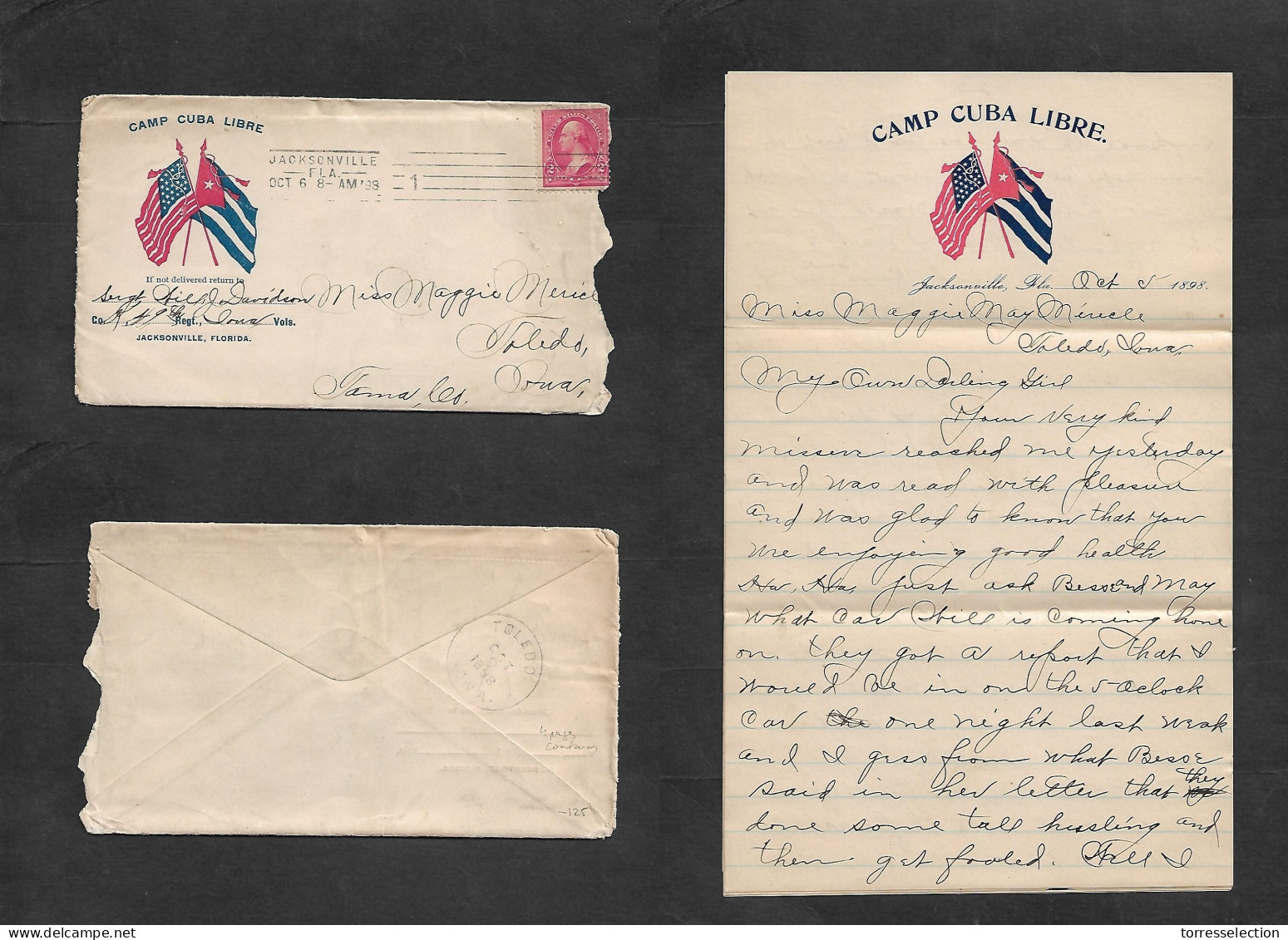 CUBA. 1898 (Oct 6-8) Guerra Hispano - Americana. Camp Cuba Libre. Jacksonville - Iowa, Toledo (90 Cts) Sobre Franqueo 2  - Sonstige & Ohne Zuordnung