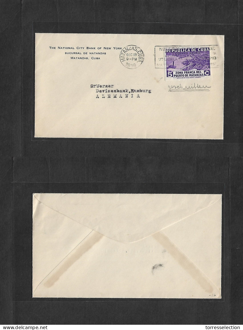 CUBA. 1936 (Dia 18) Matanzas - Alemania, Hamburgo. Sobre Comercial Franqueado 5c Violet. Zona Franca. Matanzas SIN / DEN - Other & Unclassified