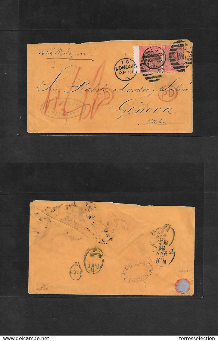 CUBA. 1870 (March - Apr) Matanzas - London - Belgium - Prusia - Italy, Genova (22-23 April) Stampless Envelope Carried T - Other & Unclassified