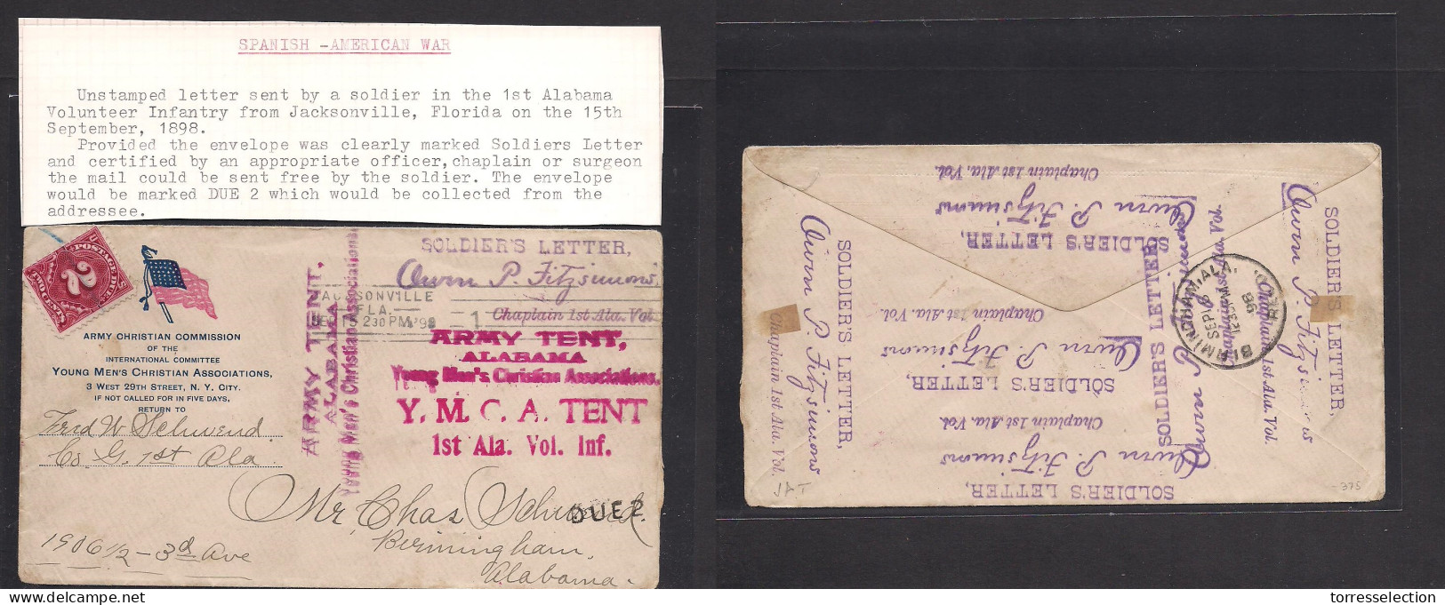 CUBA. 1898 (15 Sept) Guerra Hispano-americana. Cancelled At Florida Jacksonville US Entry. YMCA 1st Habana Vol Inf Soldi - Other & Unclassified