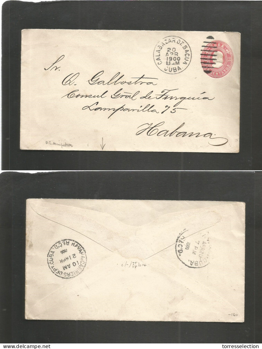 CUBA. 1900 (20 April) US Period. Calabazar De Sagua - Habana 2c Red Embossed Stationary Envelope. Lovely Village Cds. Re - Other & Unclassified