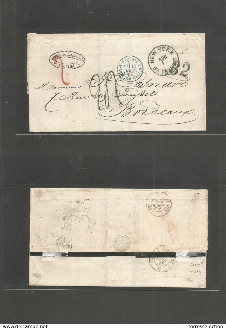 CUBA. 1868 (July) Habana - France, Bordeaux (13 Aug) Stampless E. Carried Via USA With 32 Cents + "NY / British Transit. - Other & Unclassified