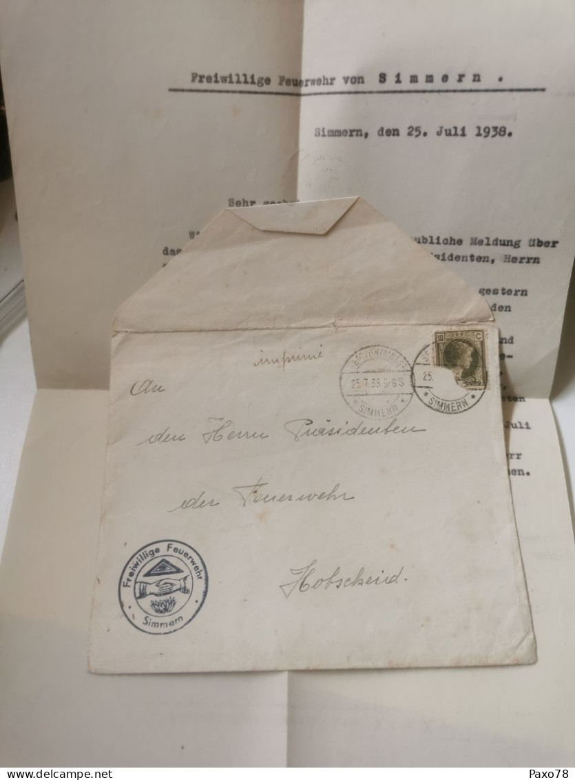 Enveloppe +Lettre, Freiwillige Feuerwehr Simmern 1938 - Briefe U. Dokumente