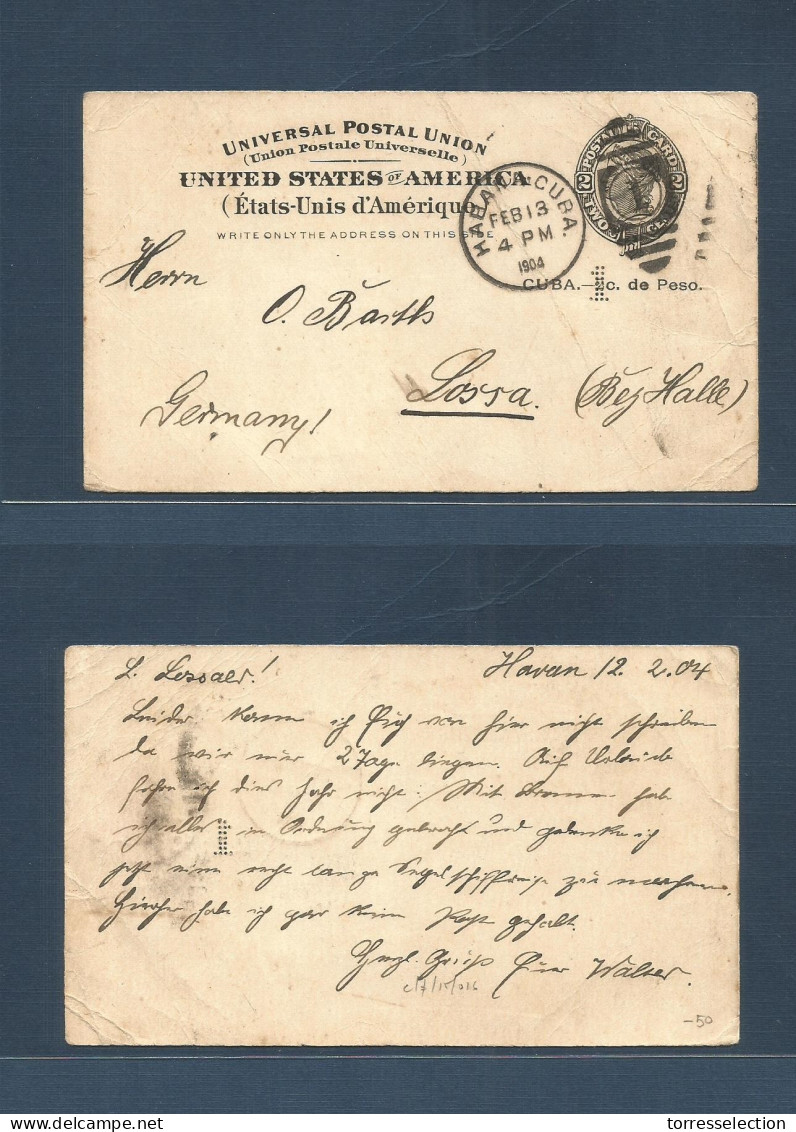 CUBA. 1904 (13 Febr) Habana - Alemania, Losra. TP Entero USA Sobrec. CUBA 2c Peso + Perforado "1c" Circulado. Muy Escaso - Other & Unclassified