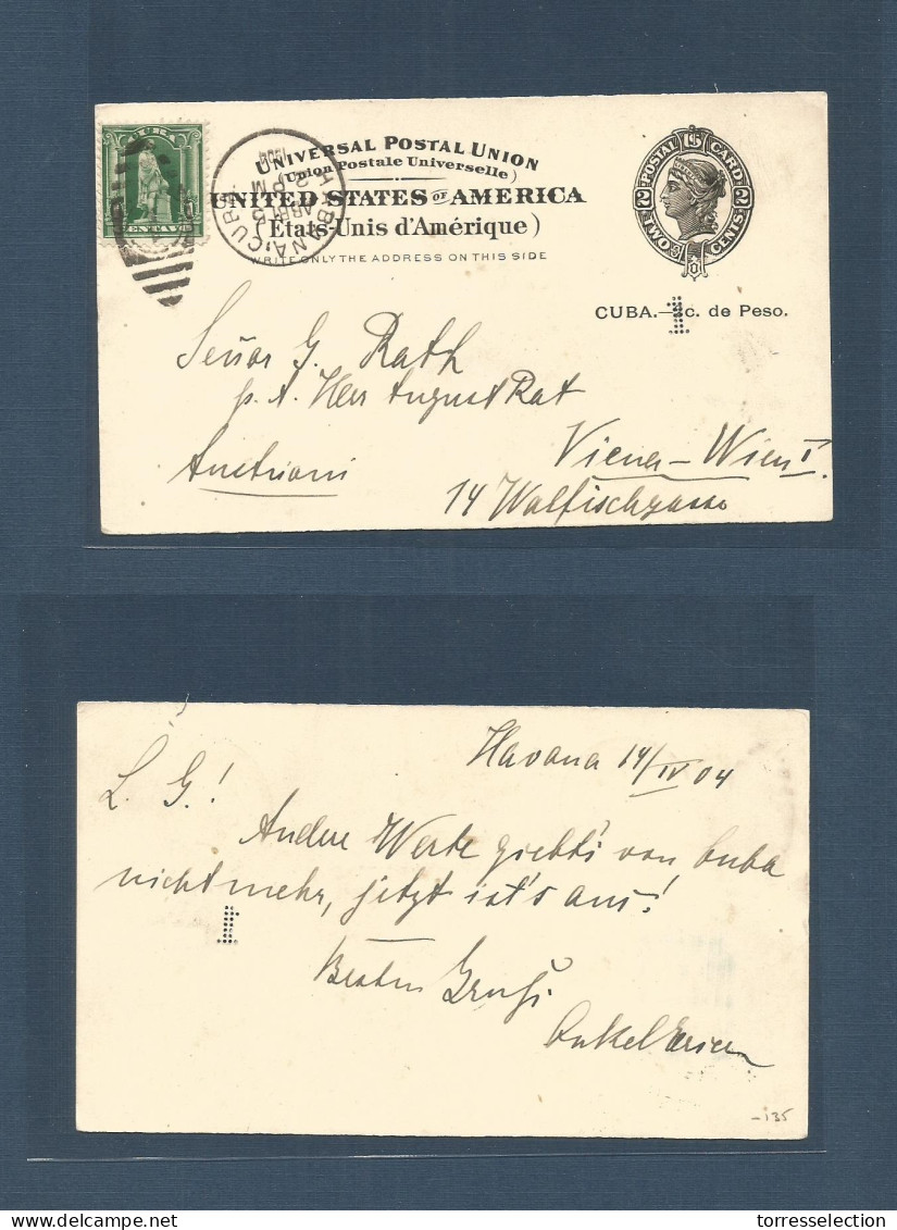 CUBA. 1904 (14 April) Havana - Austria, Wien. US 2c Stat Card + Cuba 2c Ovptd + 1c Perfin Modified Value + 1c Green Adtl - Other & Unclassified