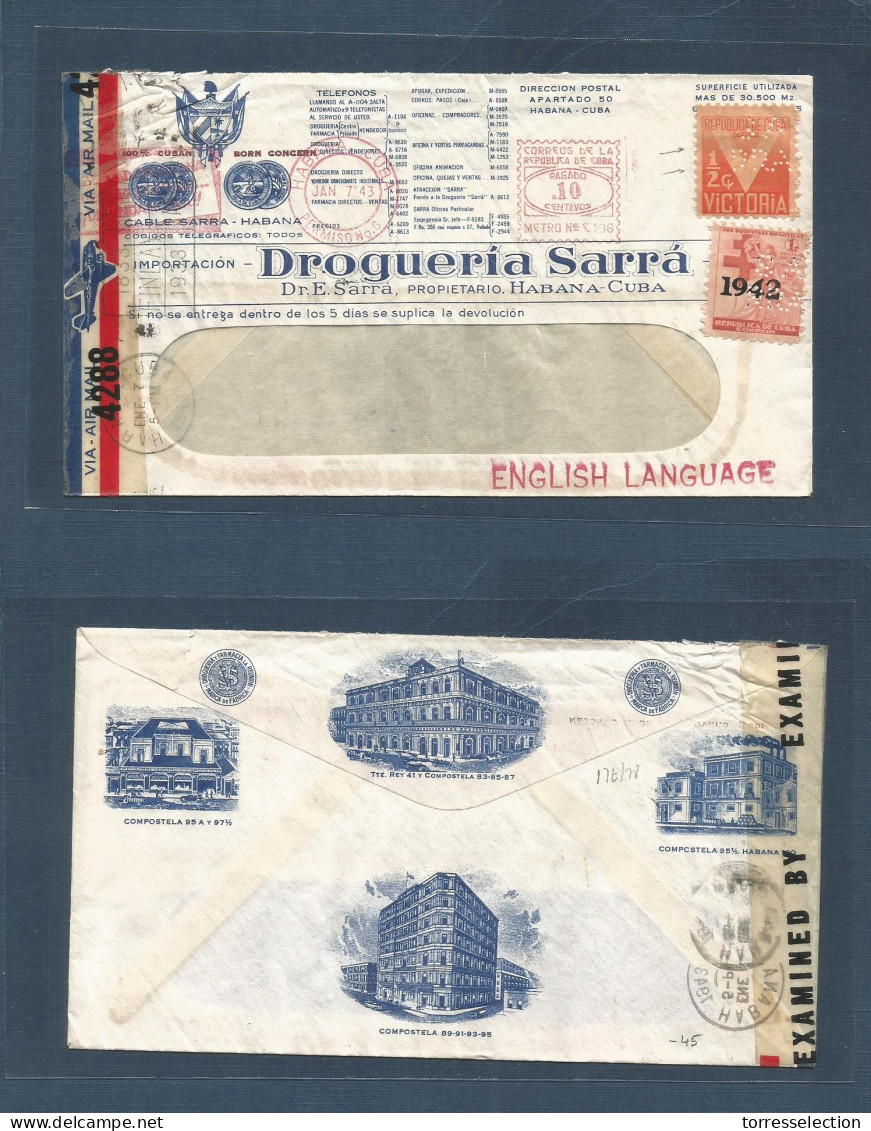 CUBA. 1943 (7 Jan) Habana - USA. Ilustrated Fkd Env + Air Censored + Perfin "SA/RRA" Fine Scarce. - Other & Unclassified