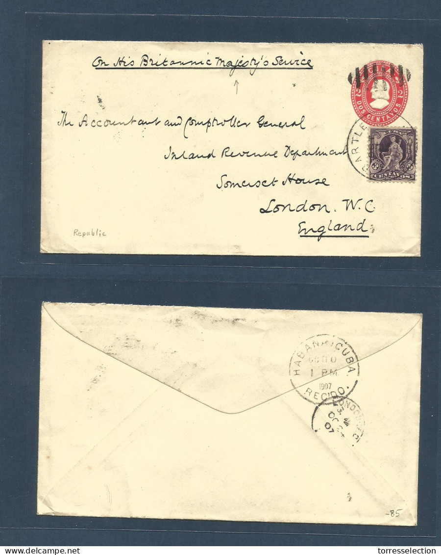 CUBA. 1907 (Oct 7) Bartle - UK, London (24 Oct) OHBMS 2c Red Stat Envelope + 3c Adtl, Cds On Official Diplomatic British - Other & Unclassified