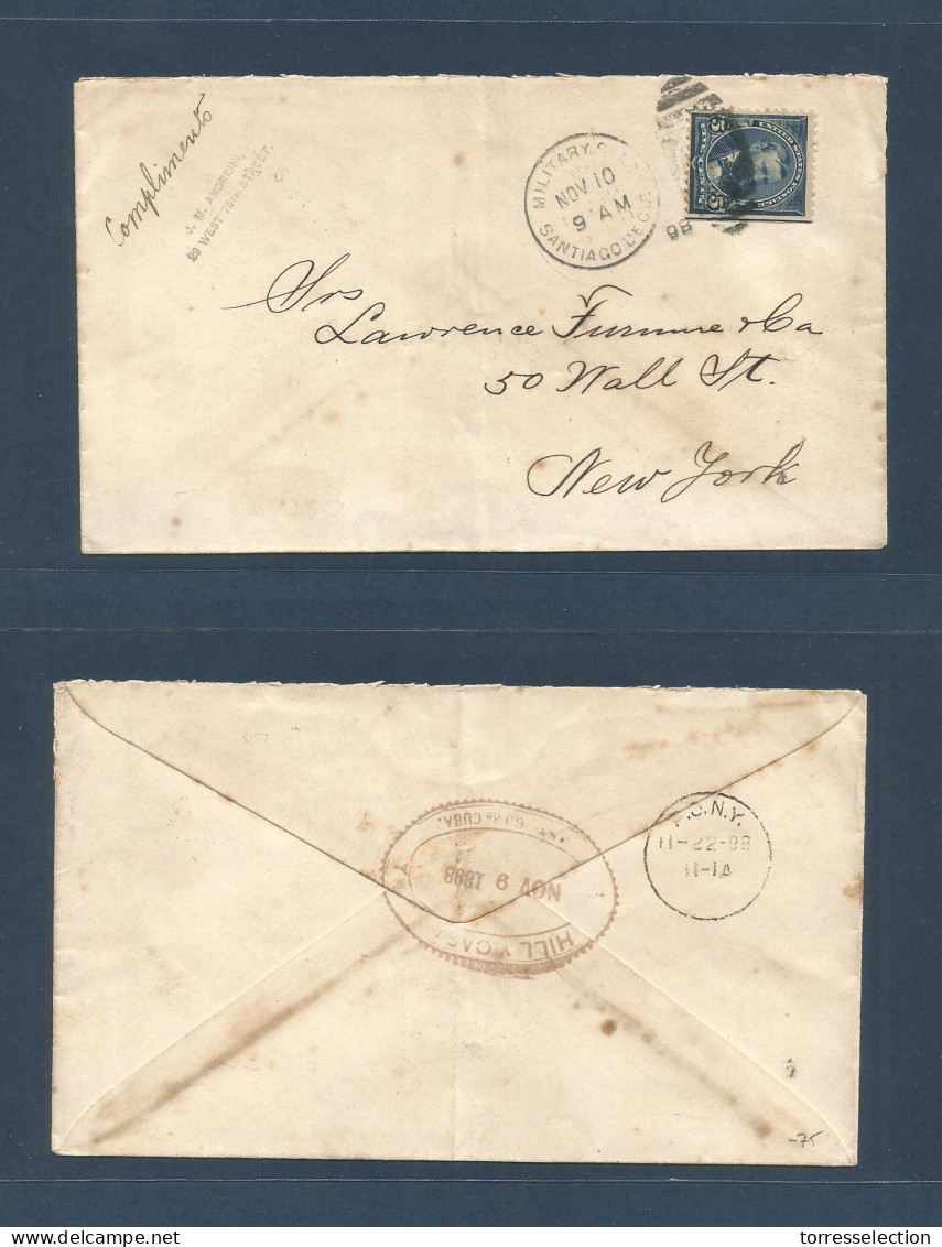 CUBA. 1898 (10 Nov) US Military PO - Santiago - USA, NYC (22 Nov) Fkd Envelope US 5 Cts Blue, Grill + Cds. Fine. - Other & Unclassified