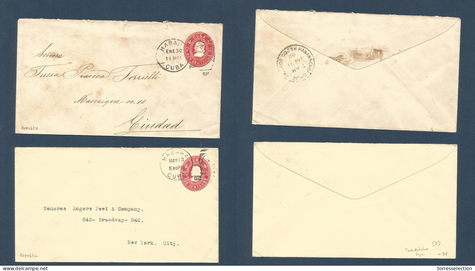 CUBA. 1907-9. Habana Usages, One Local, One To USA. NY 2c Red Stationary Envelope On DISTINTIVE Two Different Paper Wavy - Other & Unclassified