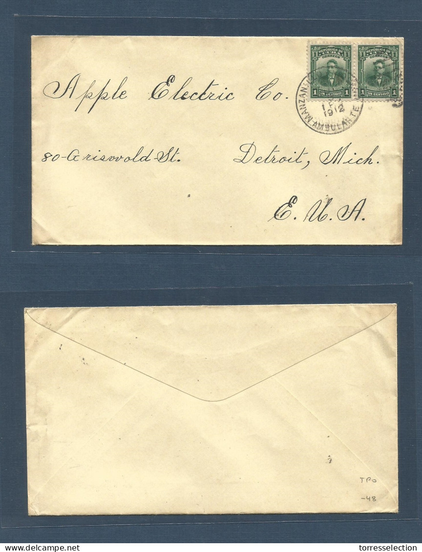 CUBA. 1912. TPO. Manzanillo - USA, Detroit, Mich. Fkd Envelope 1c Pair, Tied Ambulante Manzanillo Eniquico Cds. Fine And - Other & Unclassified