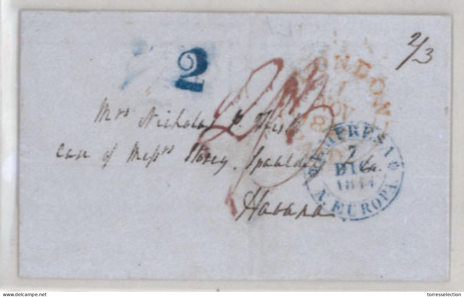 CUBA. 1844. London To Havana. E. With Mark "Empresa/N.Europa" (***) C.d.s. In Blue. (Gui.48). Arrival Charge "2". Very F - Other & Unclassified