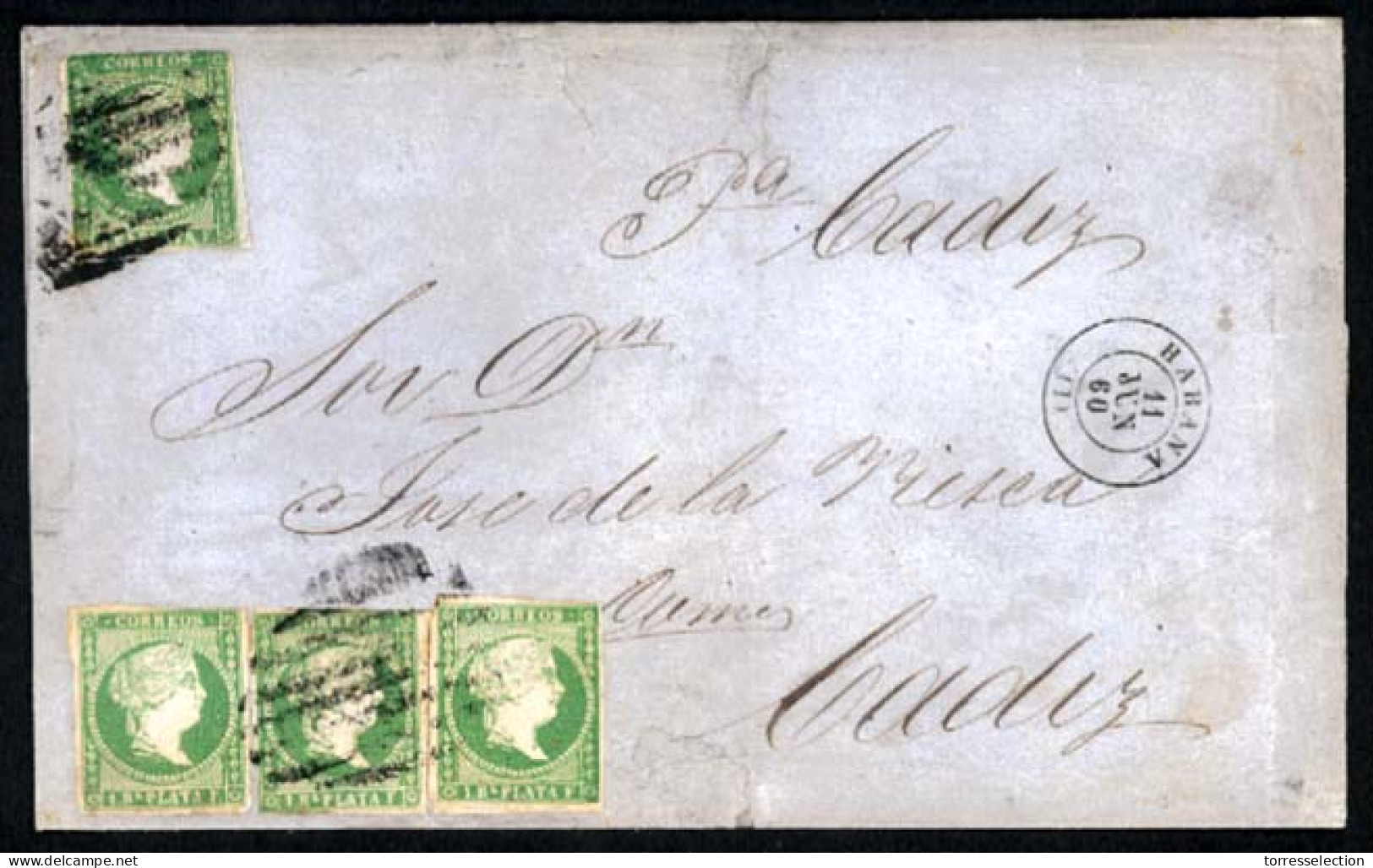 CUBA. 1860 (June 11). Cover To Cadiz Franked By Imperf 1857 4x1r Yellow Green All Tied In Black With Neat Habana Despatc - Sonstige & Ohne Zuordnung