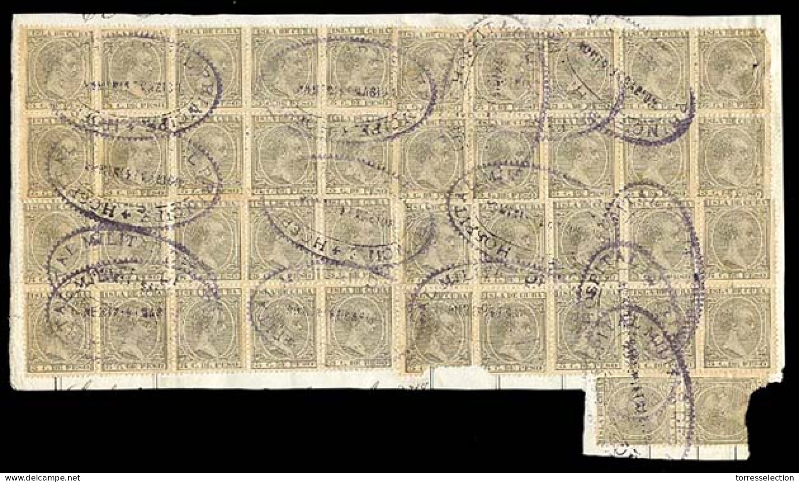 CUBA. 1890.  Alfonso XIII.  5 Cts. Grey Green.  Block Of 42 Stamps (four Are Faulty), Cancelled On Piece By Blue-lilac O - Sonstige & Ohne Zuordnung