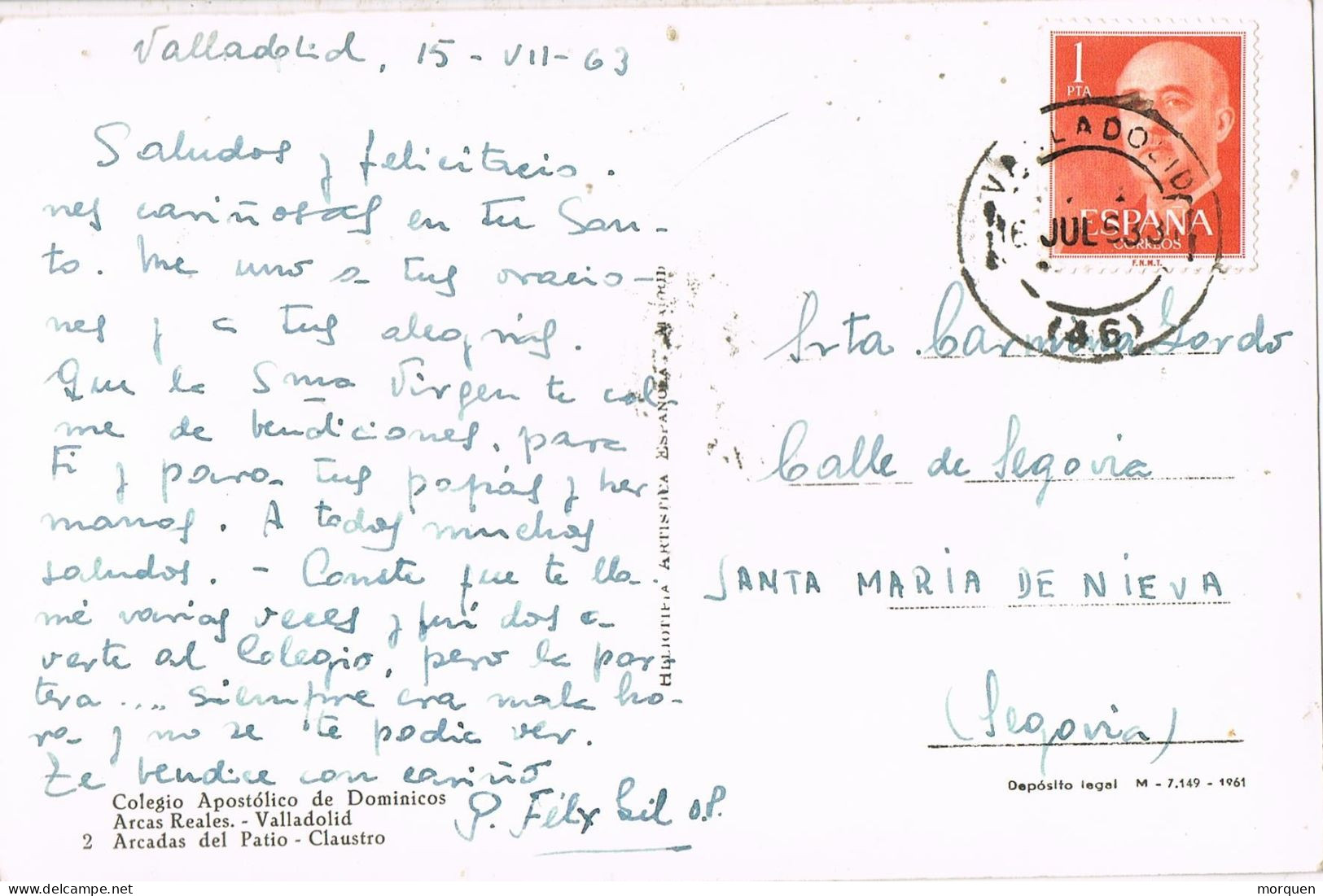 54419. Postal VALLADOLID 1963. Vista Colegio Apostolico De Los Dominicos - Storia Postale