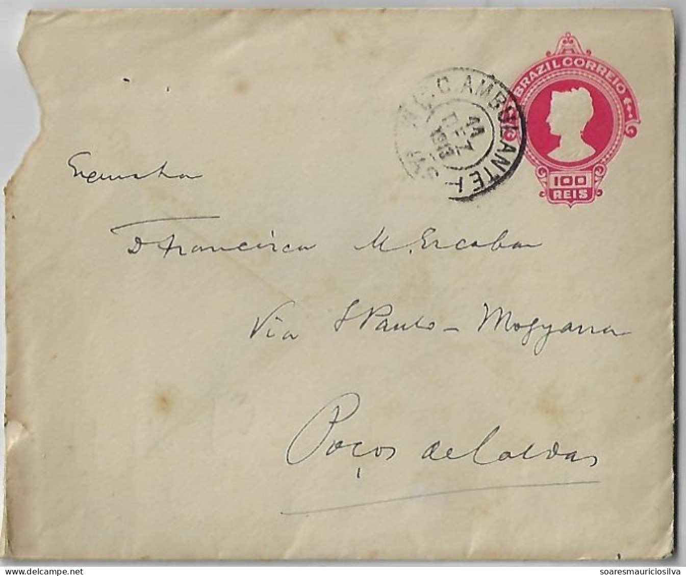 Brazil 1913 Postal Stationery Cover Sent By Traveling Courier To Mogiana Railway Co Station In Poços De Caldas Watermark - Lettres & Documents