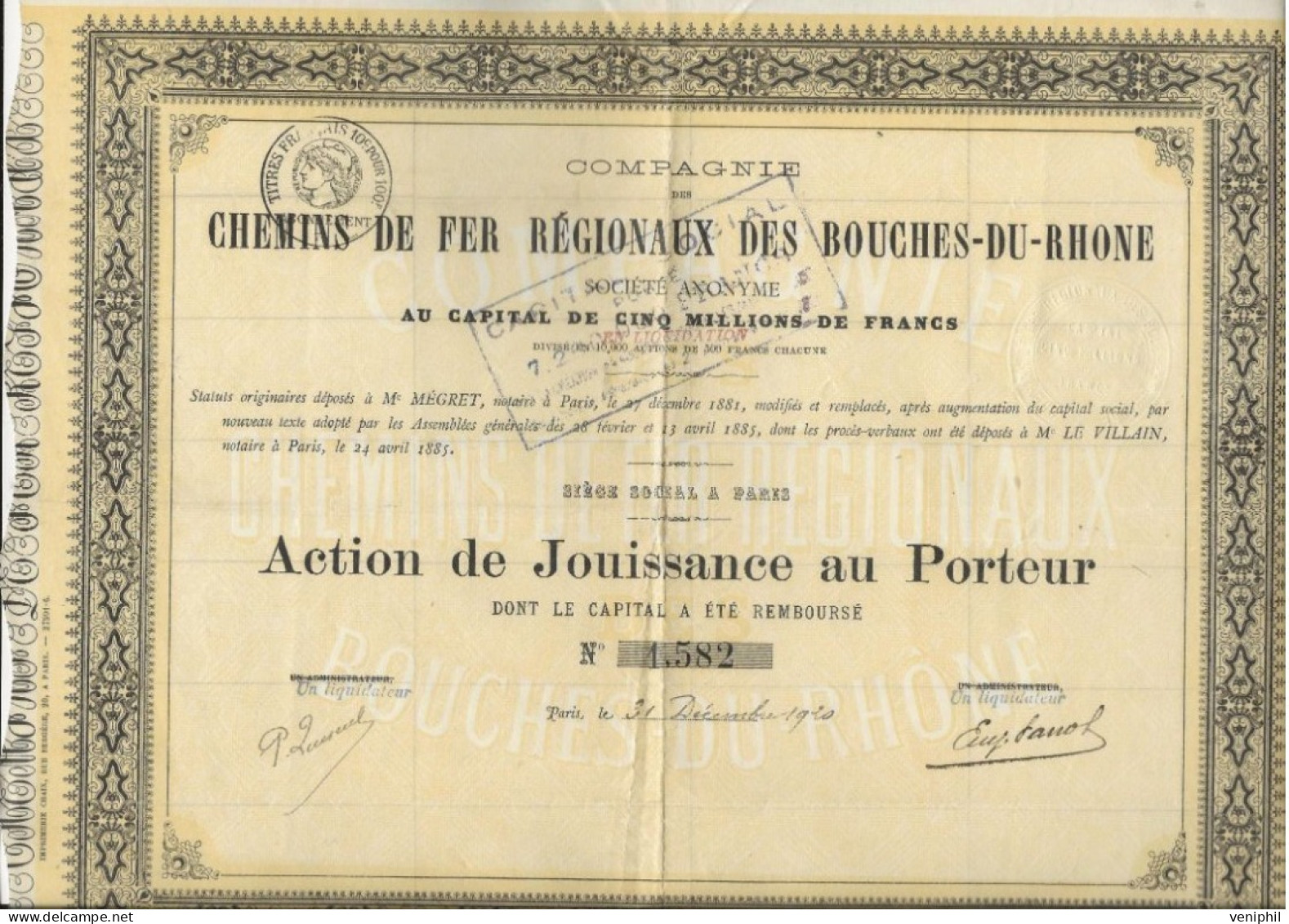 CHEMIN DE FER REGIONAUX DES BOUCHES DU RHONE - ACTION DE JOUISSANCE - ANNEE 1920 - Railway & Tramway