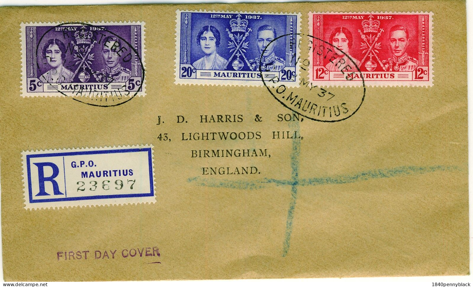 MAURITIUS  KGVI 1937 Coronation SG  249-51b With Sceptre Flaw  On Registered First Day Cover To Birmingham UK - Mauritius (...-1967)
