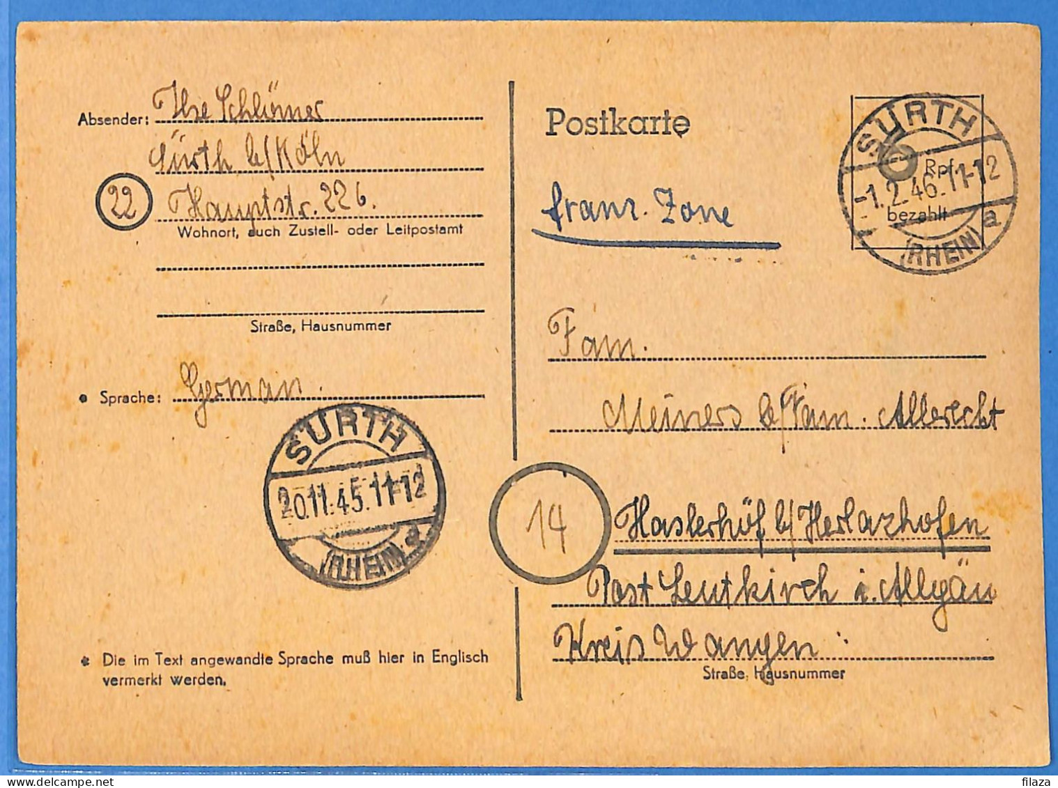 Allemagne Zone Française 1945 - Carte Postale De Surth - G30786 - Andere & Zonder Classificatie