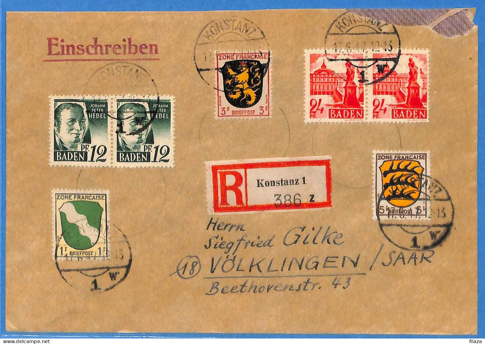 Allemagne Zone Française 1947 - Lettre Einschreiben De Konstanz - G30764 - Sonstige & Ohne Zuordnung