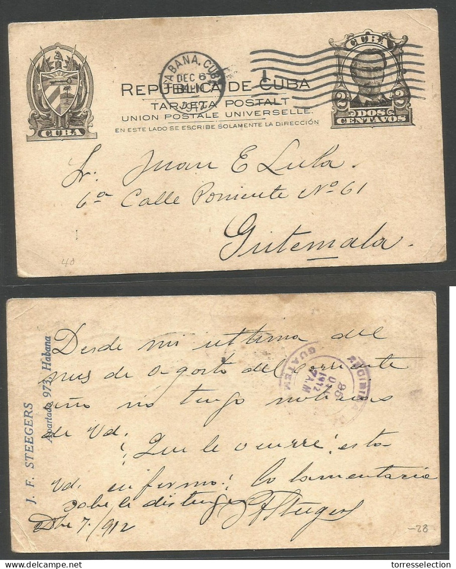 CUBA - Stationery. 1912 (7 Dic) Habana - Guatemala (26 Dic) EP 2c Negro. Rare Destionation. - Sonstige & Ohne Zuordnung