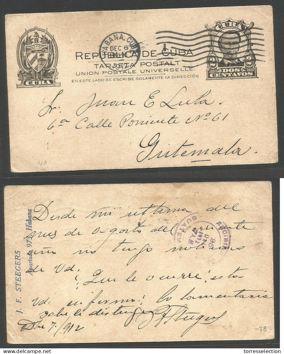 CUBA - Stationery. 1912 (7 Dic) Habana - Guatemala (26 Dic) EP 2c Negro. Rare Destionation. - Other & Unclassified
