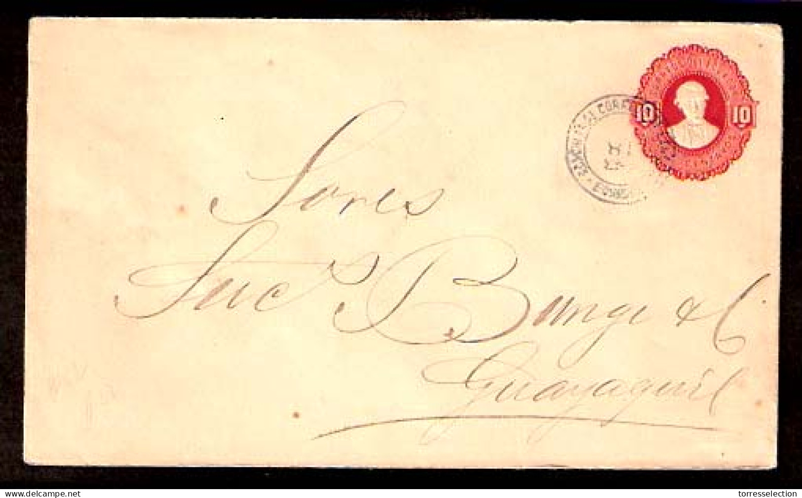 ECUADOR. C. 1899. 10c. Red Stat. Env. Usage To Guayaquil. VF. - Ecuador